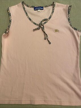 Burberry Pale Pink Sleeveless Tie-Neck Tank with Check Trim